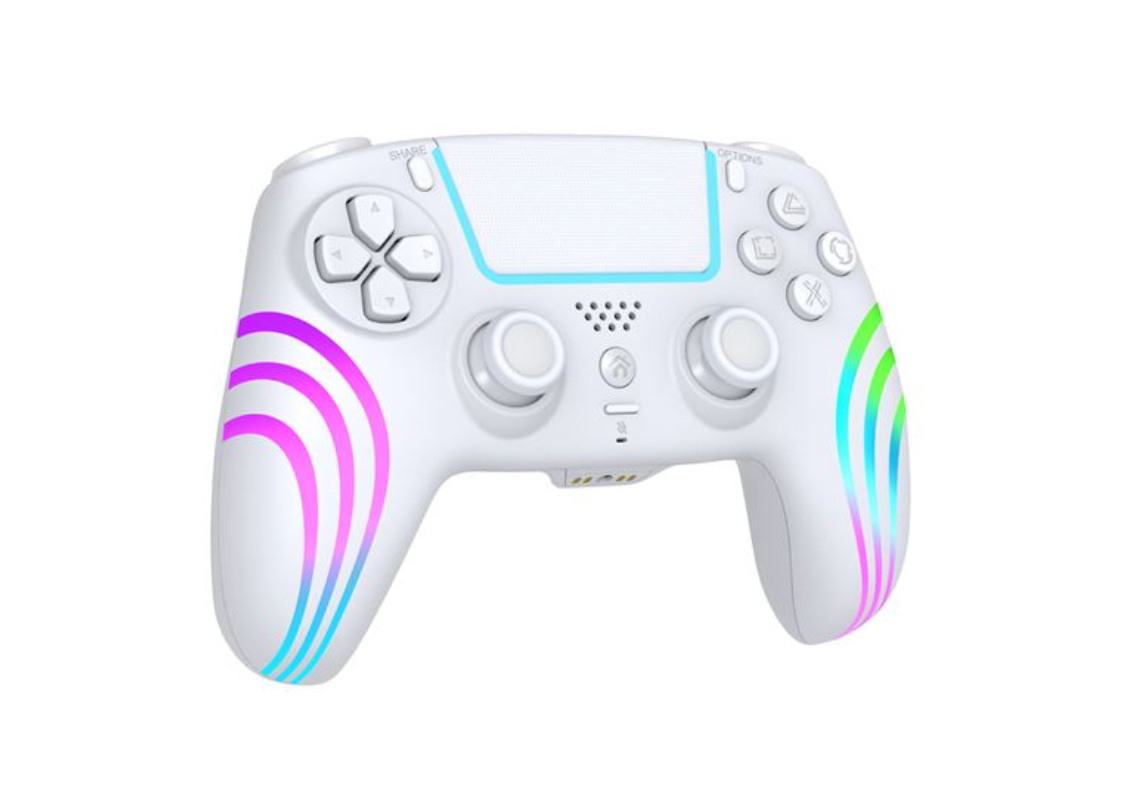 Alpha Omega Players Rainbow LED Manette sans fil compatible avec PS4 et PC white and colored