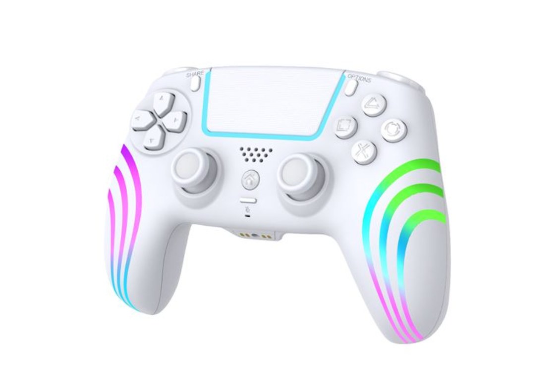 Alpha Omega Players Rainbow LED Manette sans fil compatible avec PS4 et PC white and colored